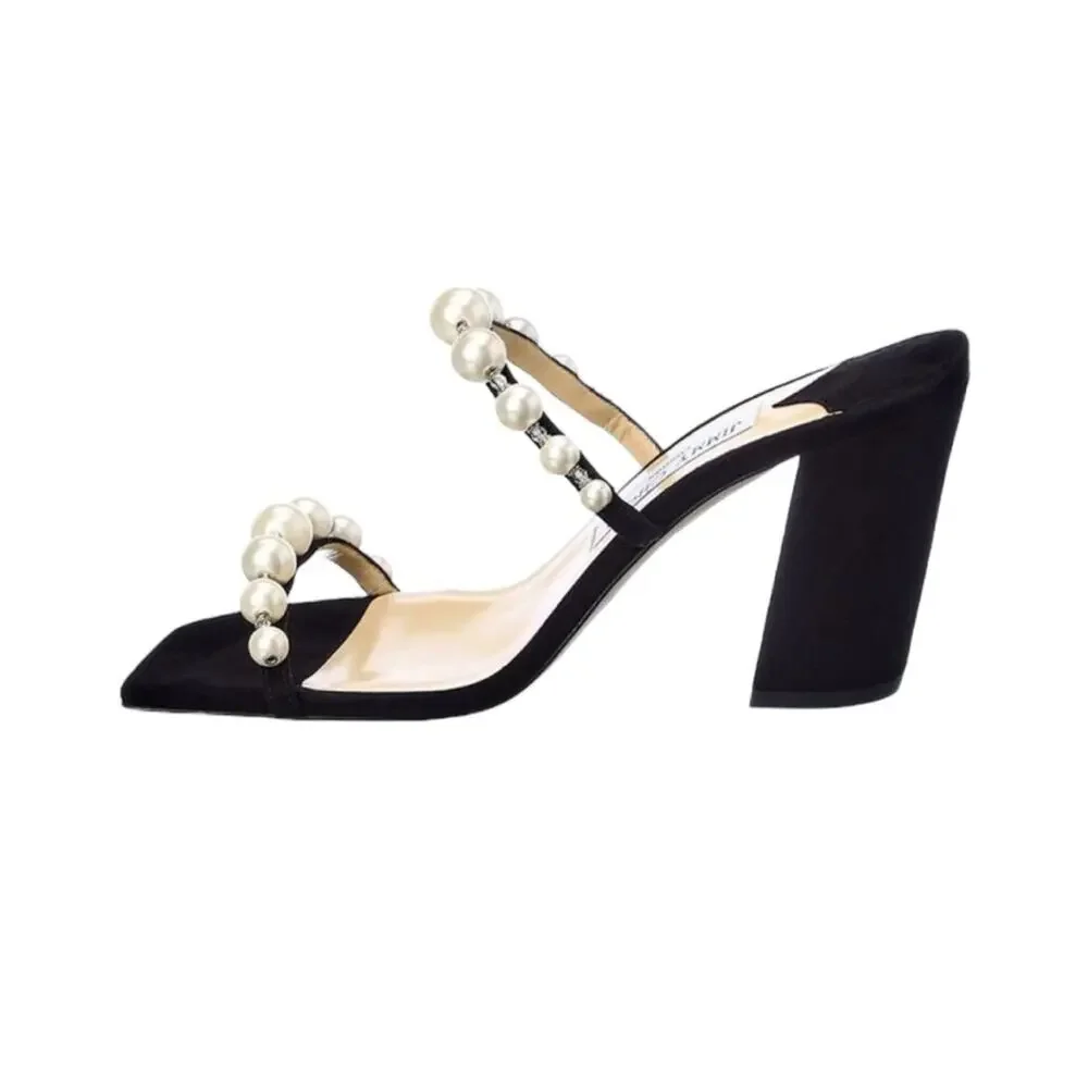 Jimmy Choo Amara 85mm Pearl Straps Suede Block Heels Mules NEW EU 35 US 5